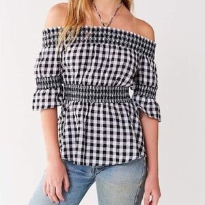 Urban Outfitters Gingham Tie Neck Off The Shoulder Top
